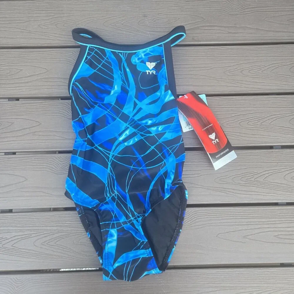 TYR Sonic Wave 1pc Swimsuit - Blue Lycra Youth Girls Size 22 New